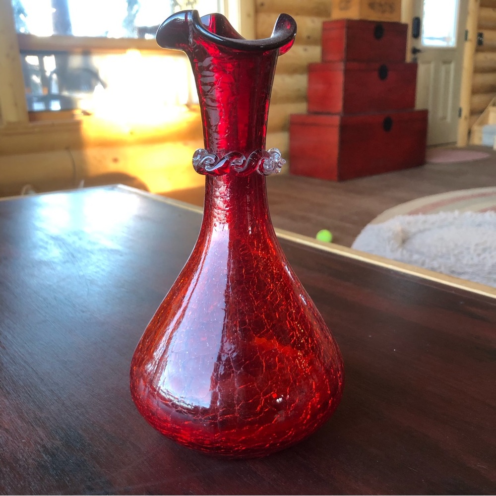 Vtg Ruby Red Amber Crackle Glass Hand Blown Bud Vase Ruffled Rim Applied Rigaree - Picture 13 of 16